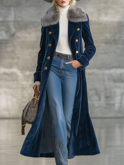 Long Velvet Navy Coat with Retro Fur Collar