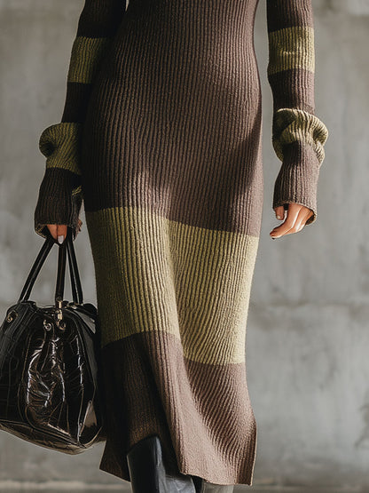 Robe Midi Tricotée à Col Montant - Chic Rétro en Brun et Vert