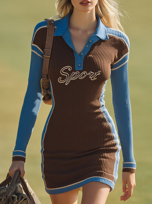 Robe Mini Tricotée Marron à Col Polo avec Détails Bleus
