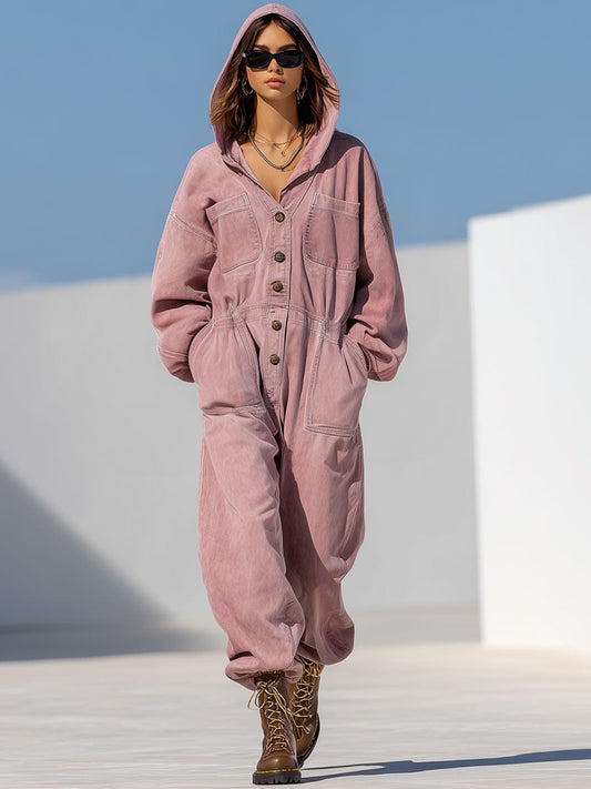 Combinaison en denim rose rétro à capuche avec taille élastique - Style décontracté