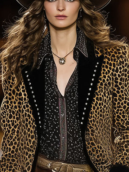 Blazer Rétro en Velours Imprimé Léopard à Détails Contrastés