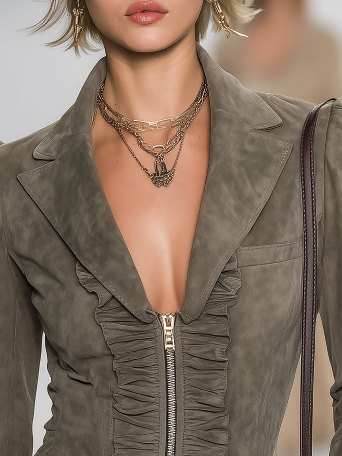Veste zippée en faux suède vert armée avec volants au style vintage Western