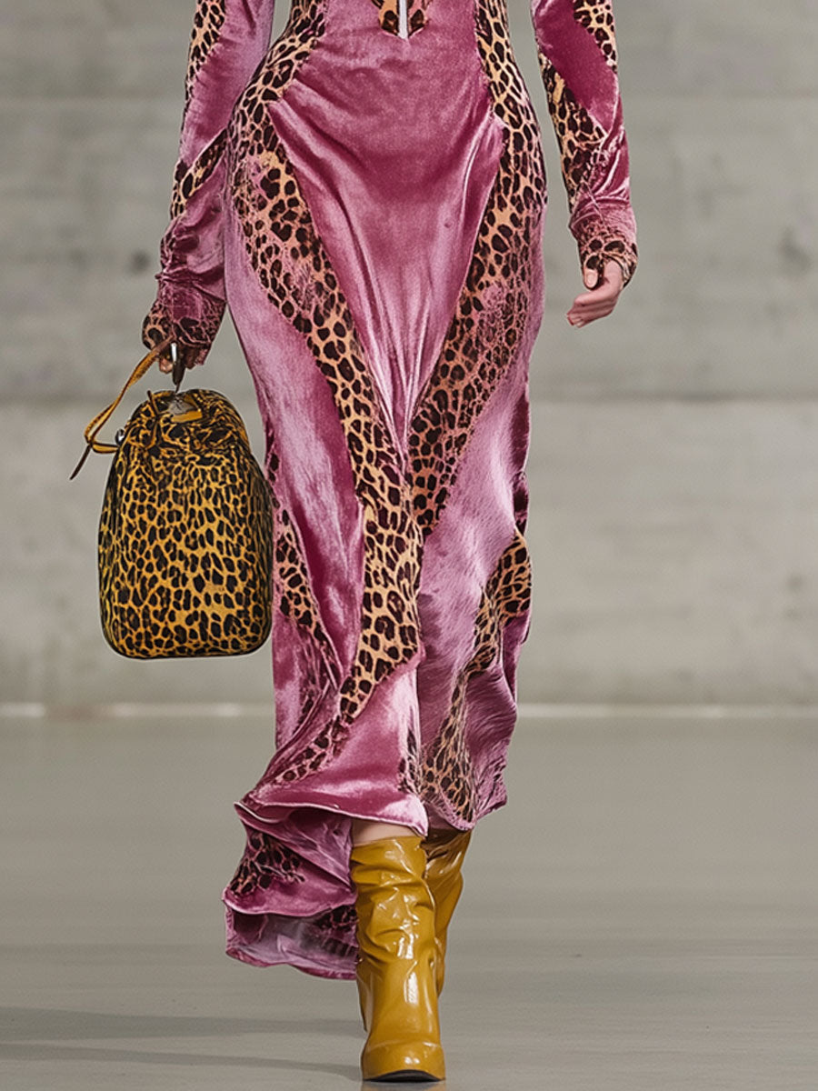 Robe Maxi Sport en Velours Rouge Rose avec Imprimé Léopard Vintage