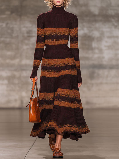 Robe Maxi Rétro à Rayures Caramel et Brun Cacao avec Col Haut