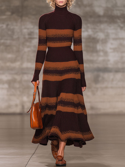 Robe Maxi Tricot Rayée Caramel et Chocolat avec Col Montant - Chic Rétro