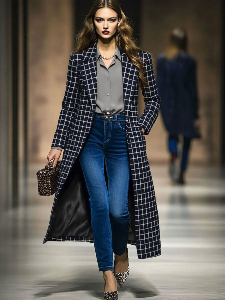 Veste Longue en Tweed à Motifs Rétro Marine