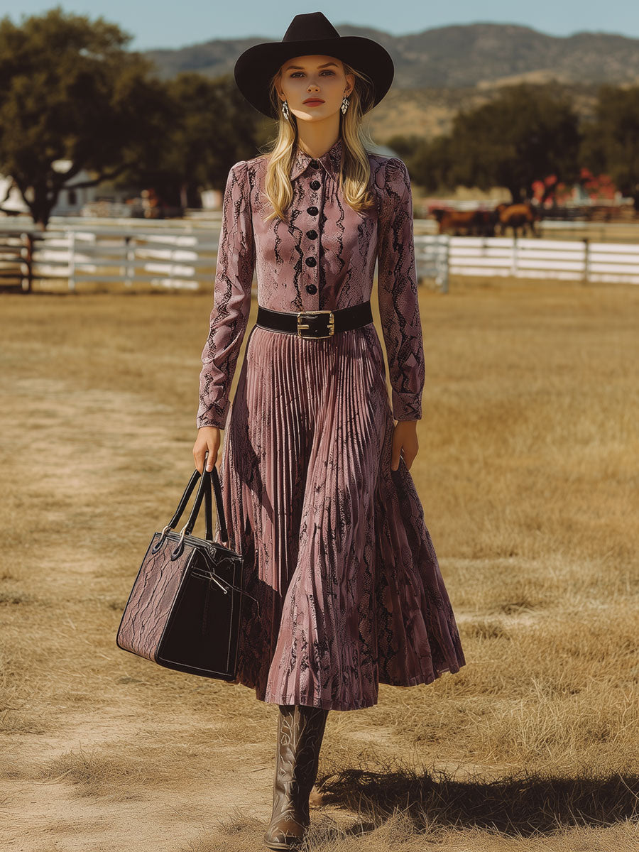 Robe Midi Plissée en Velours Violet à Motif Serpent - Style Rétro Nomade Western