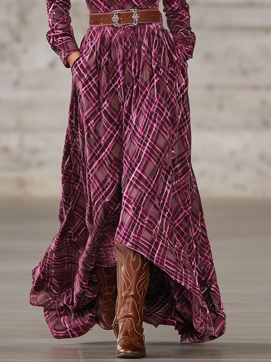 Robe Maxi Velours Rose à Carreaux - Élégance Western à Manches Longues