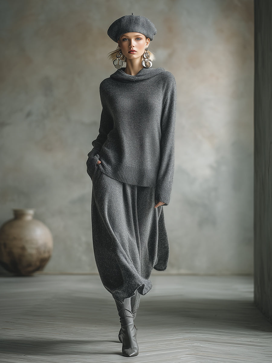 Ensemble Élégant Minimaliste : Jupe et Sweat à Capuche Gris