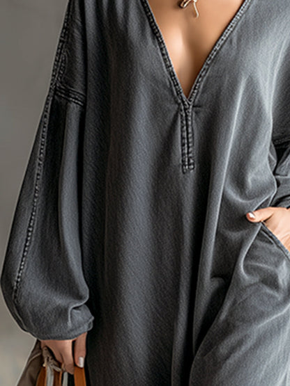 Élégante Robe Maxi Longue en Denim Gris à Manches Longues et Franges