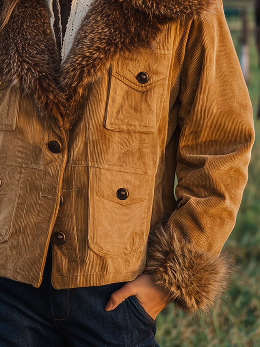 Veste Vintage Western en Velours Côtelé Caramel avec Col en Fourrure Synthétique
