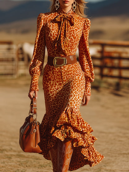 Robe Maxi Rétro en Velours Léopard Orange avec Volants