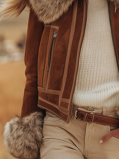 Veste en faux suède marron avec col en peluche au style vintage western