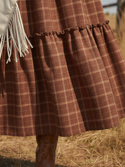 Robe Maxi à Col Rond en Plaid Rouge Éclatant avec Boutons