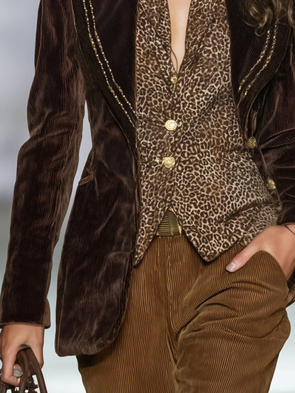Blazer Vintage en Velours Côtelé avec Détails Dorés