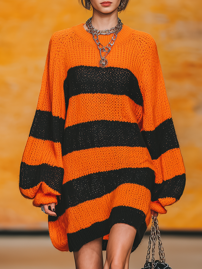 Robe Vintage à Col Rond avec Manches Lanternes et Rayures Contrastantes