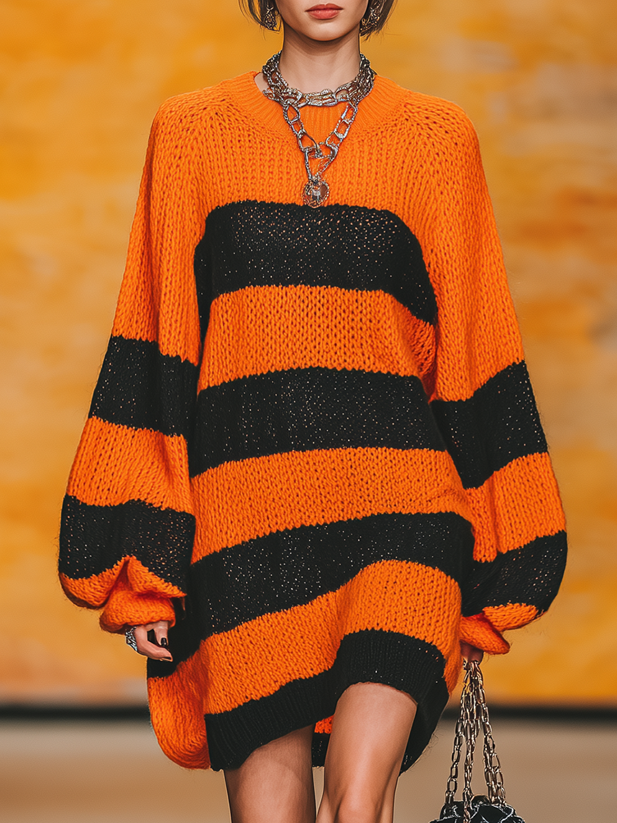 Robe Rétro Tricotée à Col Rond avec Manches Lanternes et Rayures Contrastées