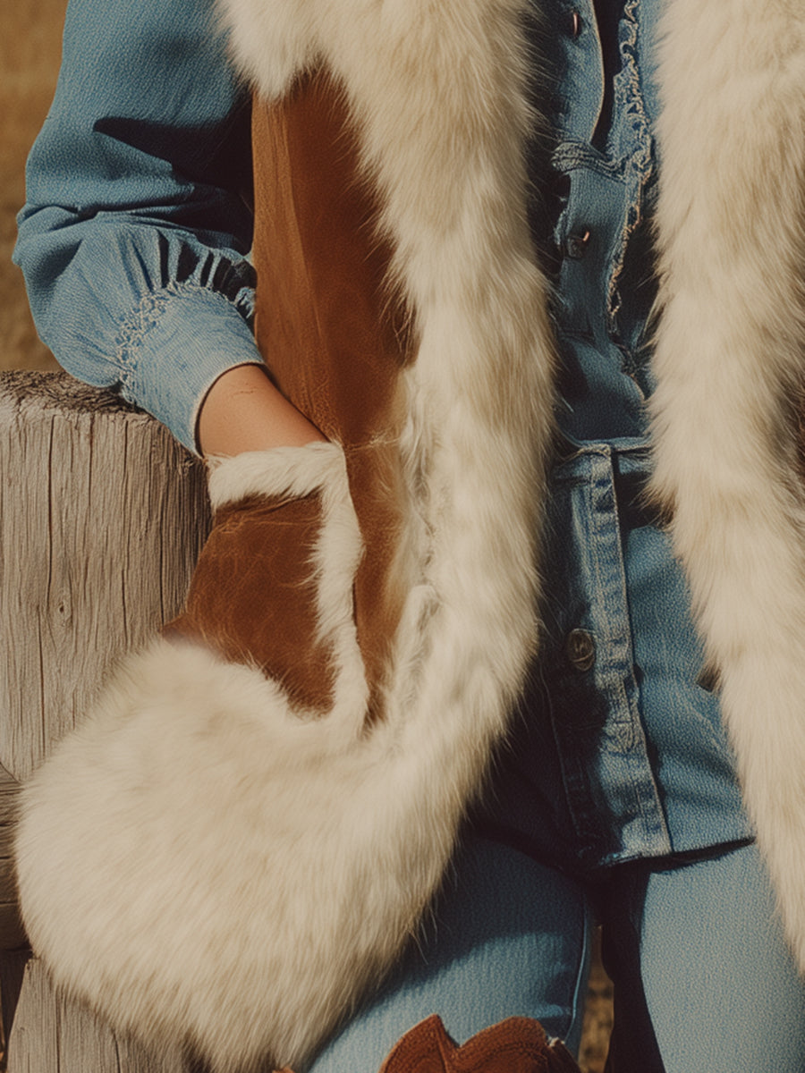 Veste Western en Faux Suède Marron avec Doublure en Fourrure Synthétique