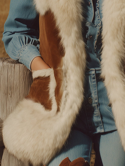 Veste Western en Suède Synthétique Marron avec Doublure en Fourrure de Lapin Écologique