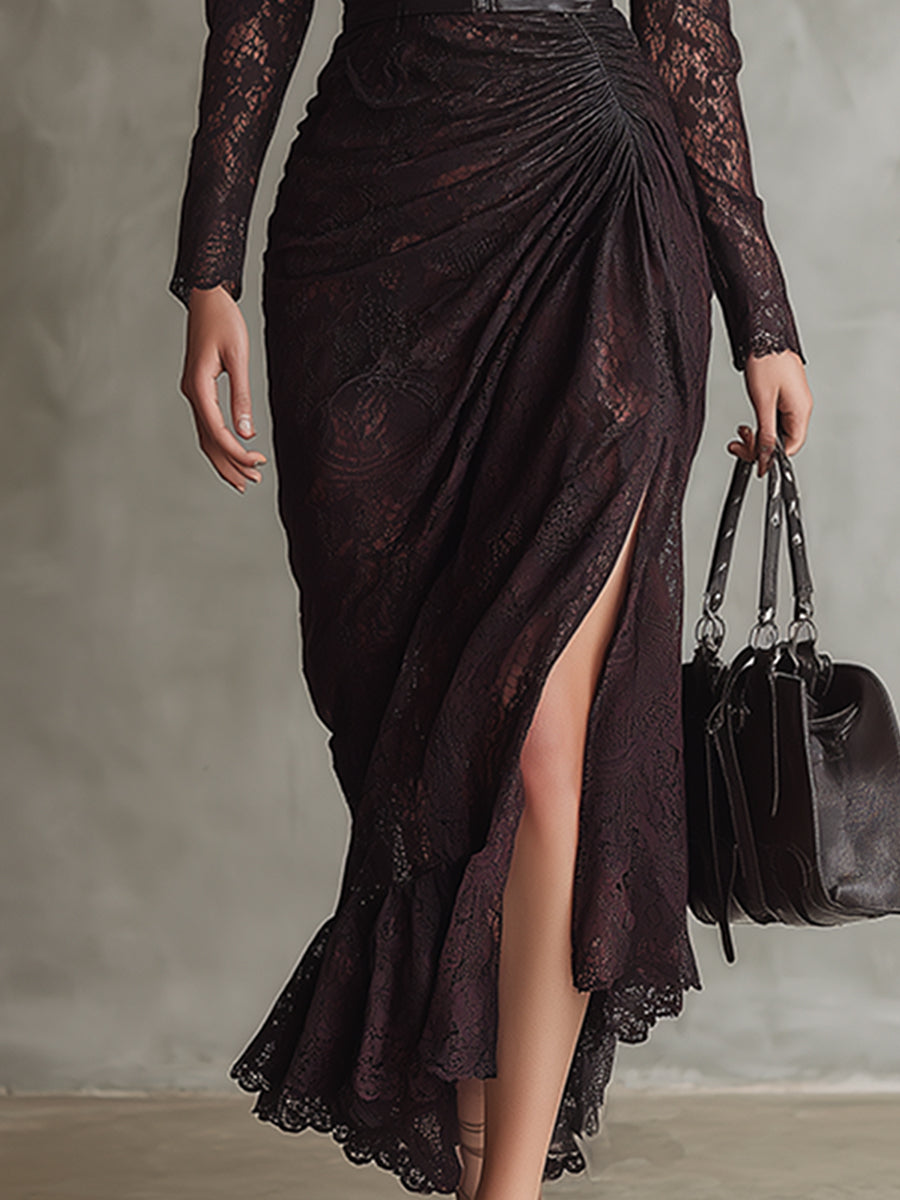 Long Brown-Red Faux Leather Maxi Dress with Stitching and Lace-Up Details, Long Sleeves