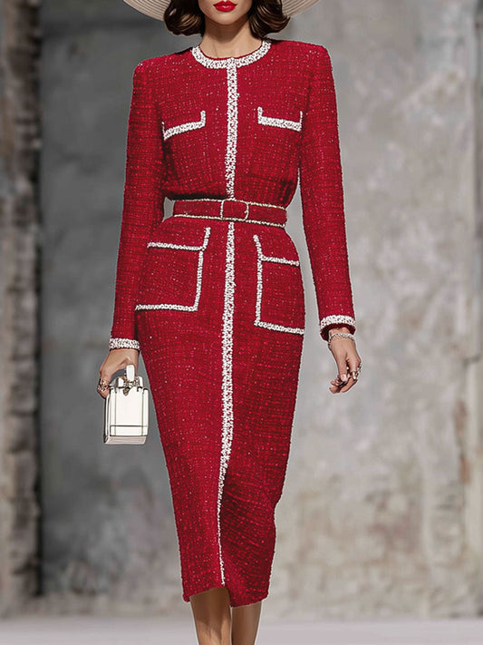 Robe Midi Élégante à Col Rond en Tissu Texturé