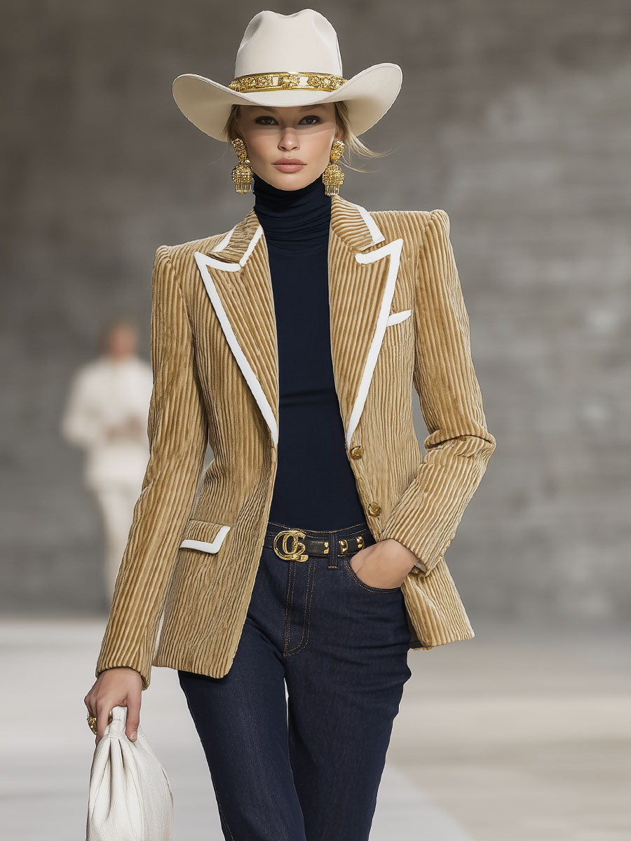 Élégant Blazer en Velours Rayé avec Détails Contrastants