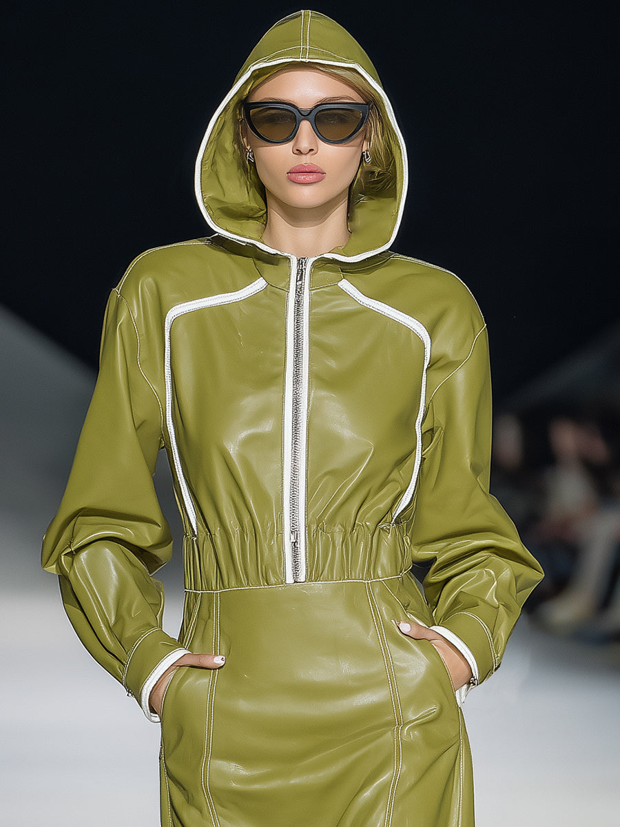 Robe Midi Sportive en Simili Cuir Vert avec Capuche - Élégance Décontractée