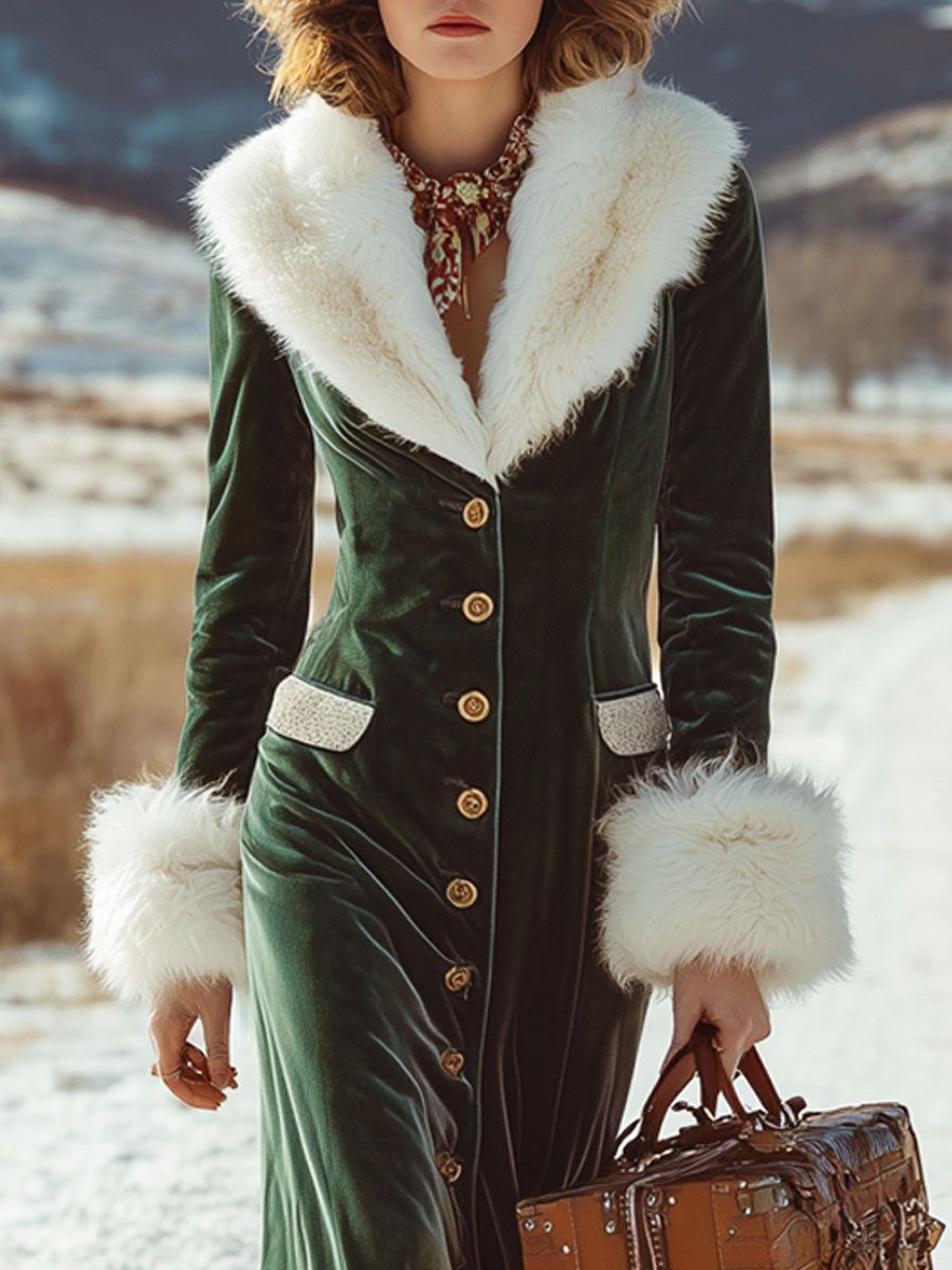 Robe Maxi Vintage en Velours Vert Émeraude avec Col en Fourrure Synthétique et Détails Volants