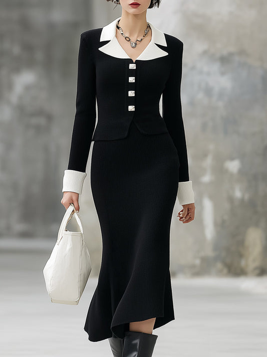 Trendy Noir Knit Cardigan and Buttoned White Skirt Set