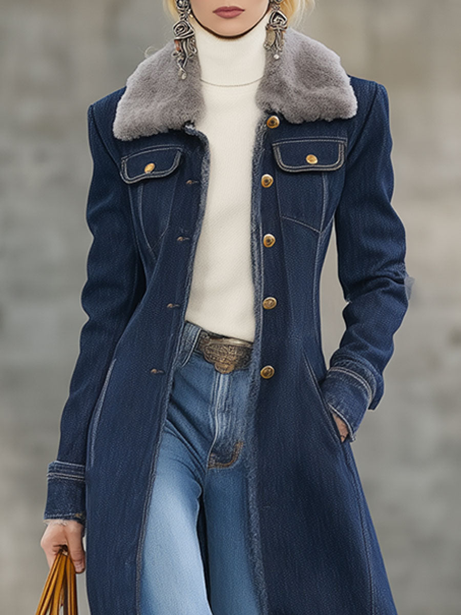 Longue Manteau en Jean Bleu Foncé avec Col et Bordure en Fourrure Rétro