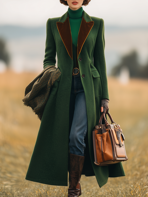 Chic Manteau Long en Laine avec Revers Contrasté - Style Rétro Élégant