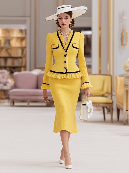 Élégant Ensemble en Tweed Jaune : Jupe et Veste à Volants Contrastants