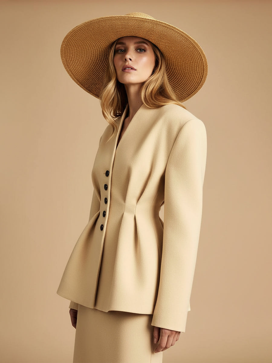 Chic Veste Cintrée en Laine Beige à Col V