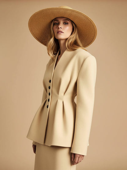 Chic Veste Cintrée en Laine Beige à Col V