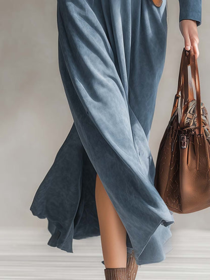 Robe Maxi en Faux Suède Bleu avec Col Western Chic