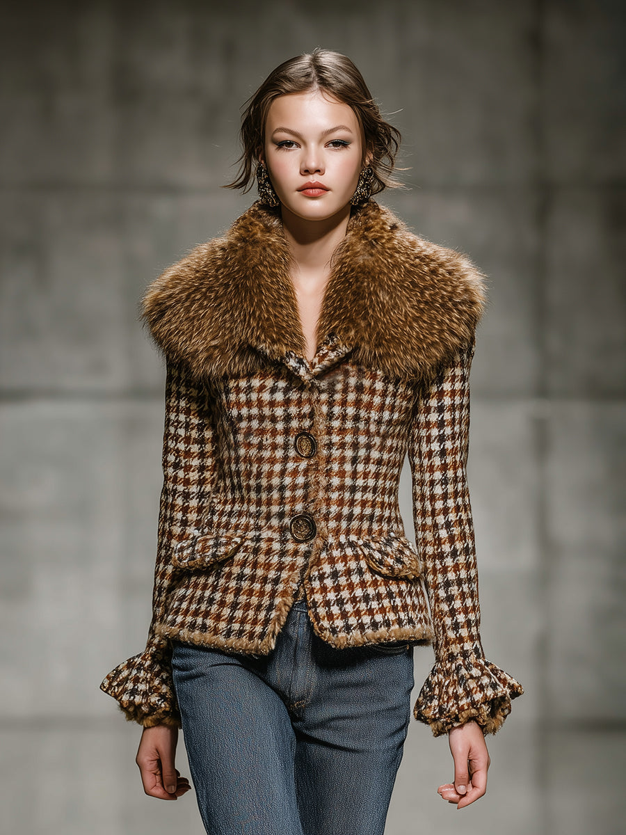 Veste courte à carreaux marron avec luxueuse doublure en fourrure