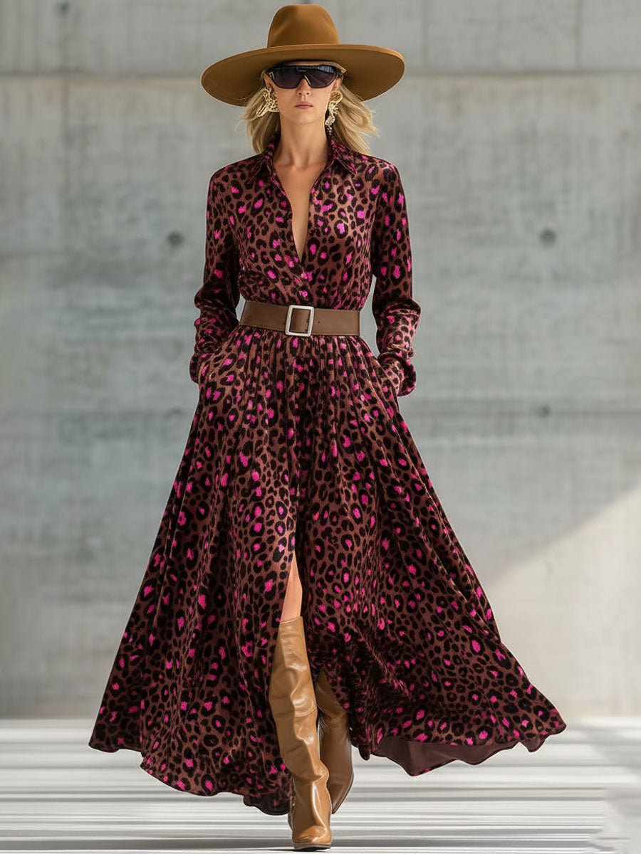 Robe Maxi en Velours Léopard Marron au Style Rétro