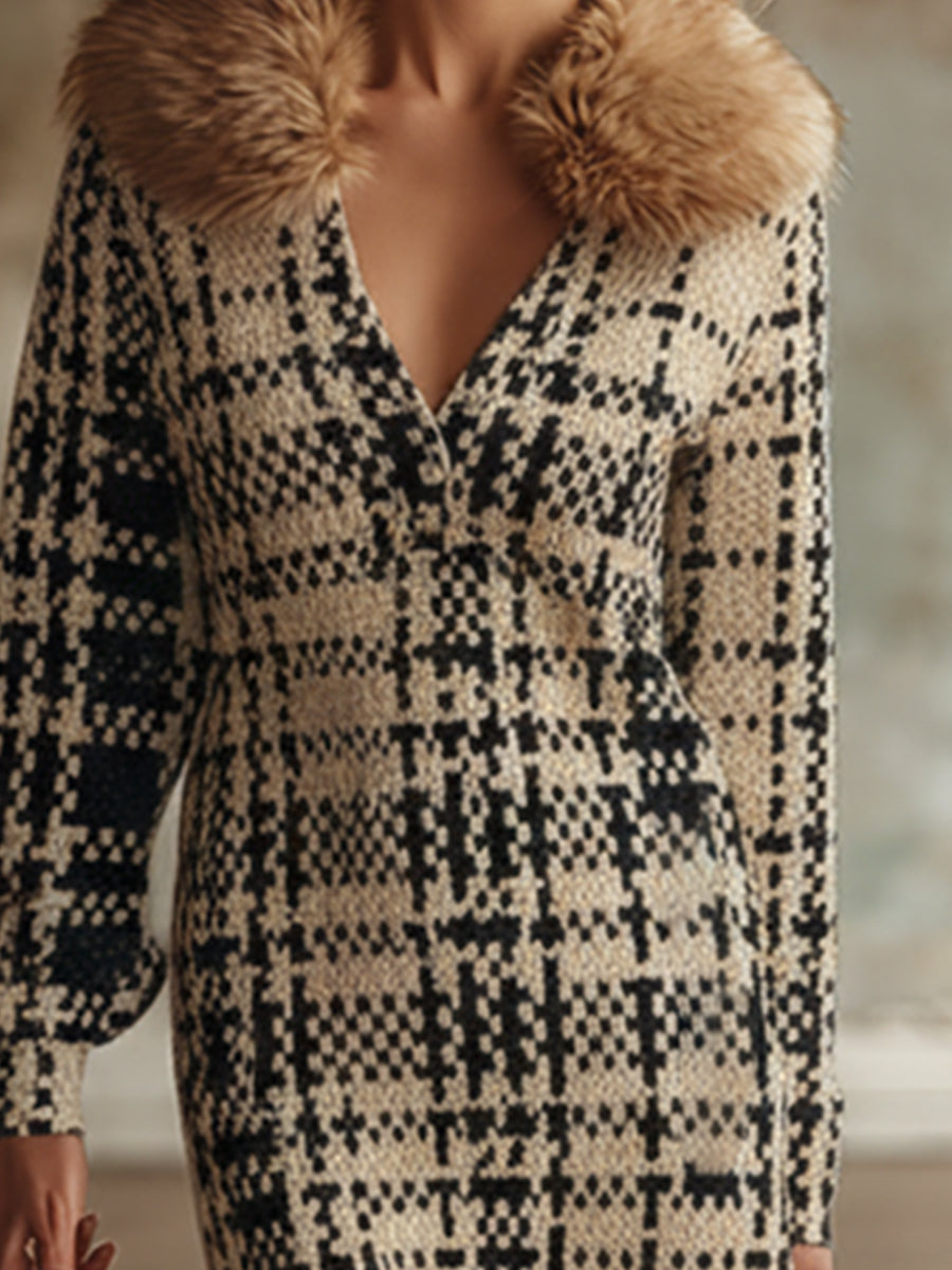 Maxi Robe Élégante en Tweed Kaki à Carreaux avec Col en Fausse Fourrure et Manches Longues
