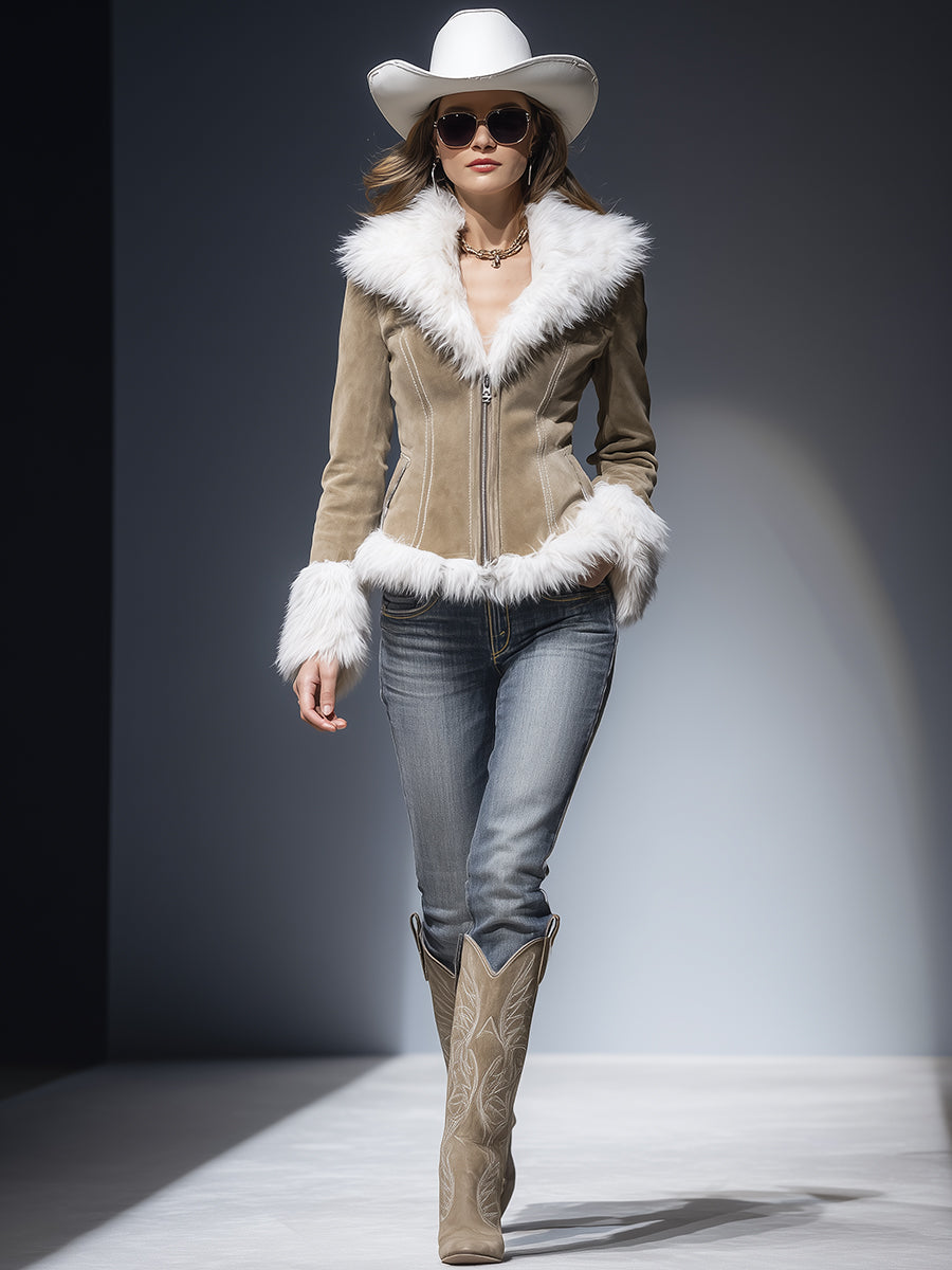 Veste Zippée Kaki en Suédine avec Détails en Peluche Vintage