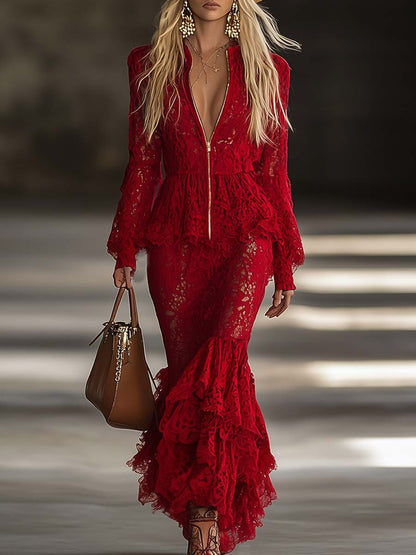 Robe Maxi Rouge en Dentelle : Élégance Longue avec Manches, Zip, Col en V et Volants