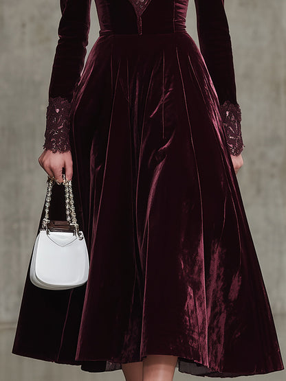 Robe Midi en Velours Rouge Angora à Manches et Col Dentelé