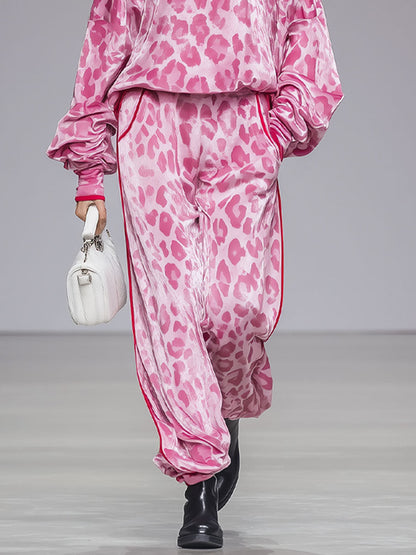 Ensemble Chic : T-shirt en Velours à Col Roulé Imprimé Léopard Rose et Pantalon Coordonné