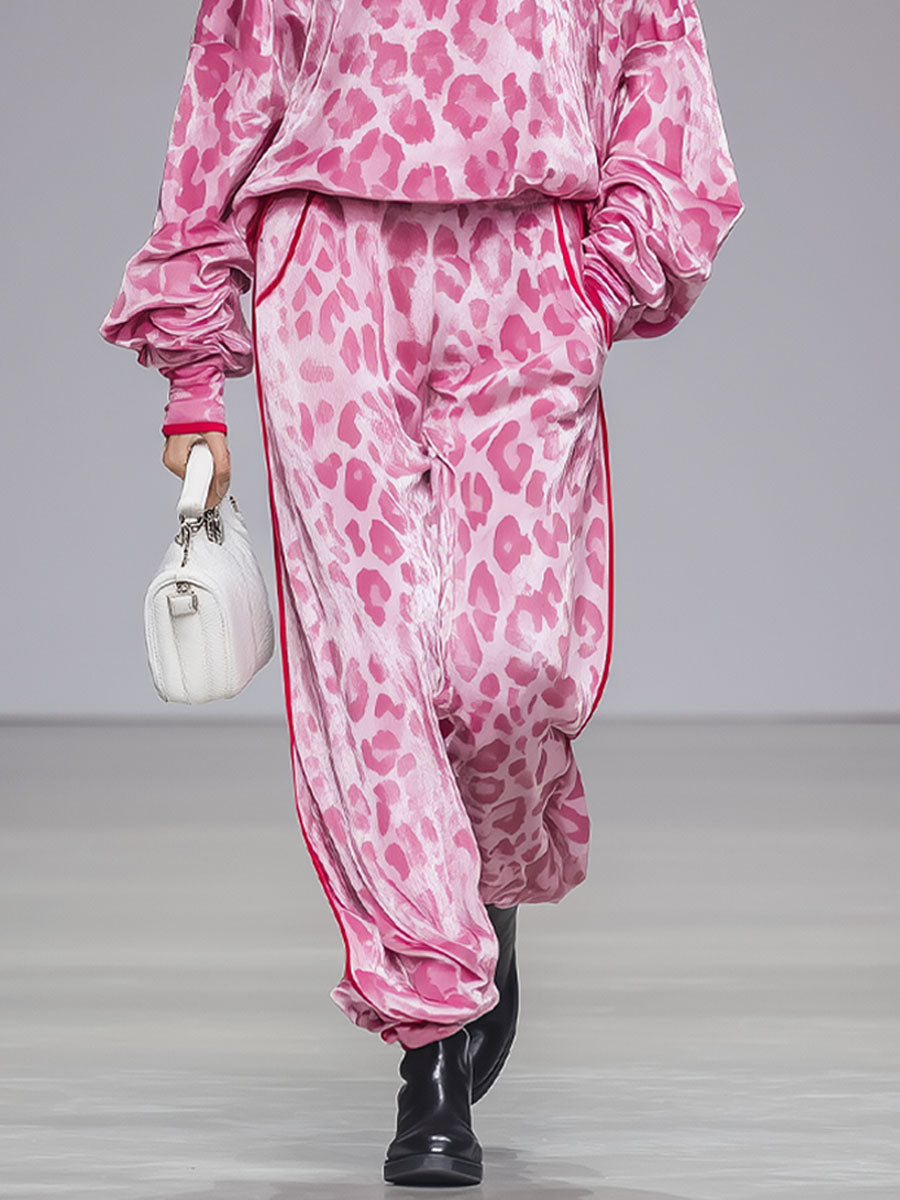 Ensemble Velours Léopard Rose : T-shirt Col Roulé à Manches Longues et Pantalon