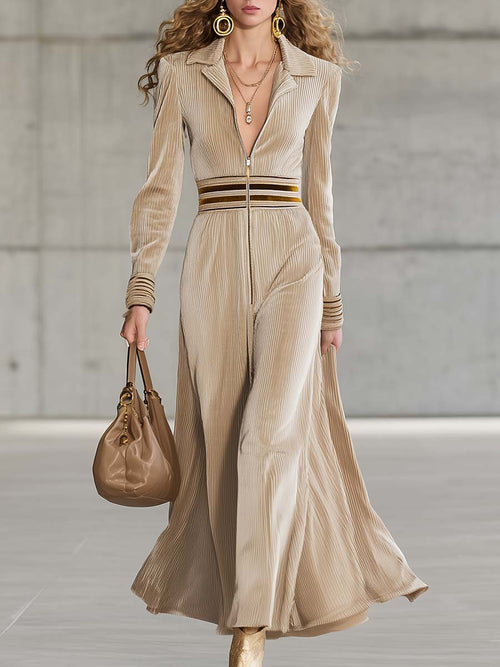 Robe Maxi en Velours Beige : Élégance Intemporelle avec Fermeture Éclair en V