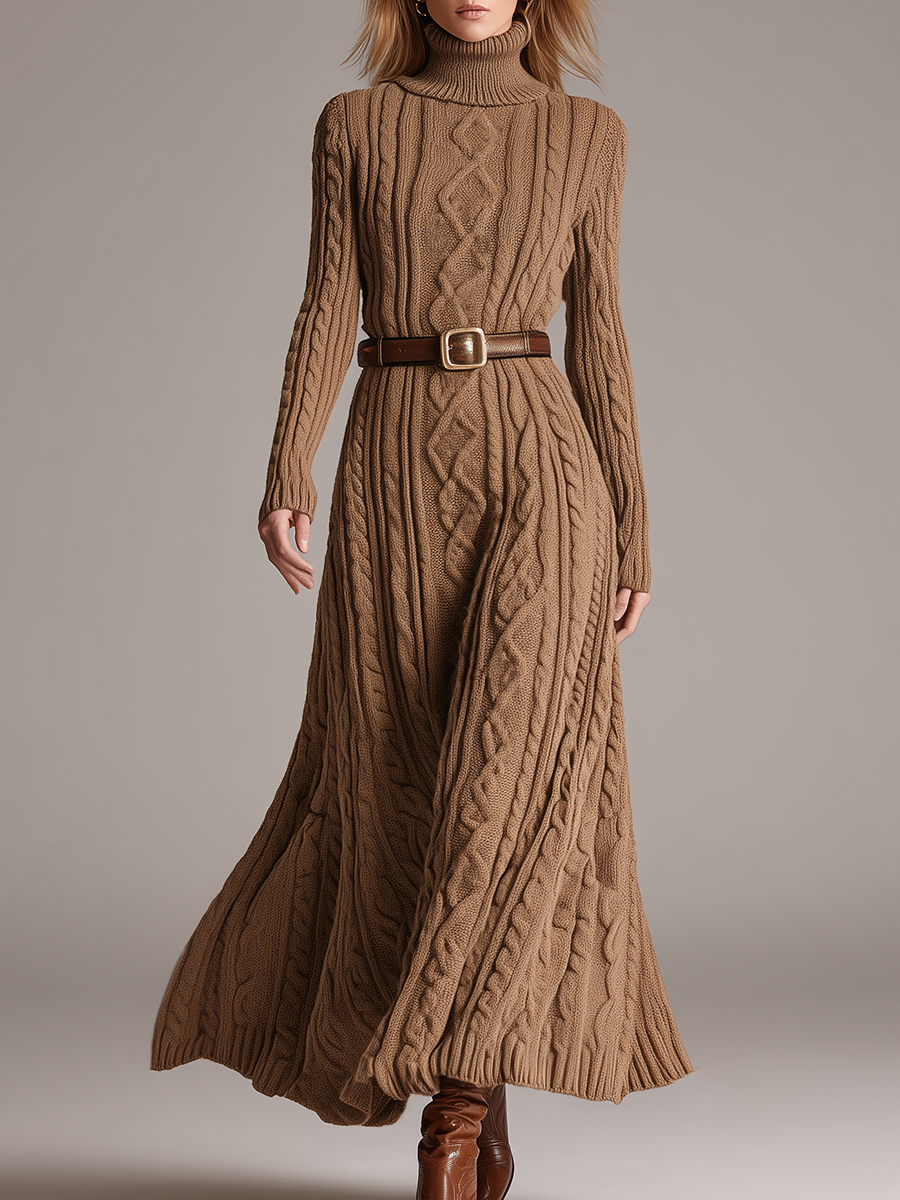 Robe Maxi Vintage en Maille à Col Roulé Long
