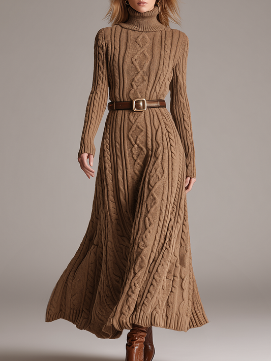 Robe Maxi Vintage en Maille à Col Roulé Long