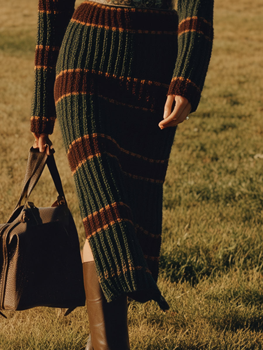 Robe Midi Retro à Rayures Vert Foncé avec Fente et Demi-Zip