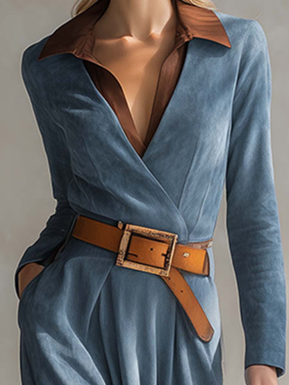 Maxi Robe en Faux Suède Bleu avec Col Western Chic