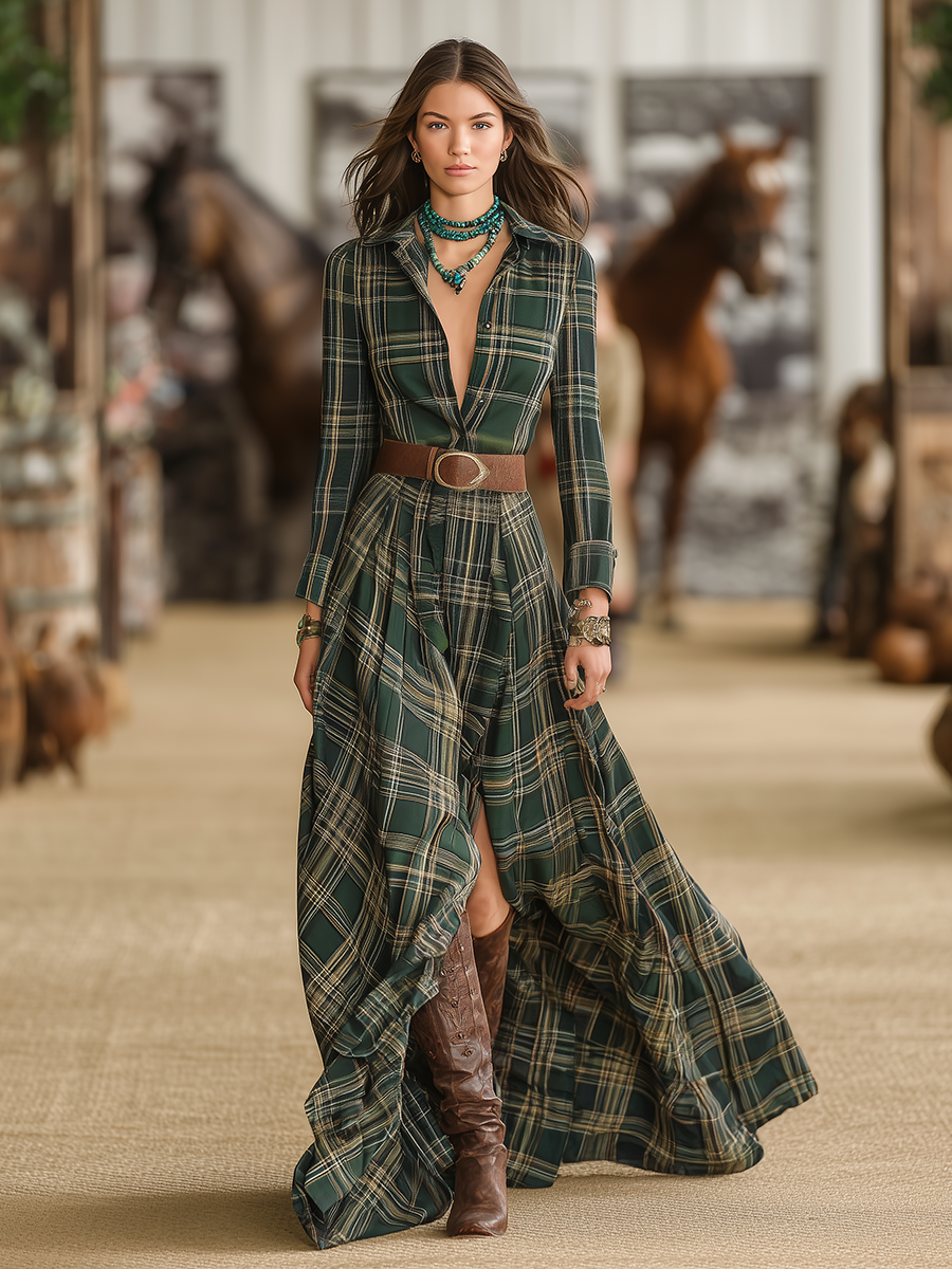 Robe Maxi Rétro à Carreaux Western avec Manches Longues