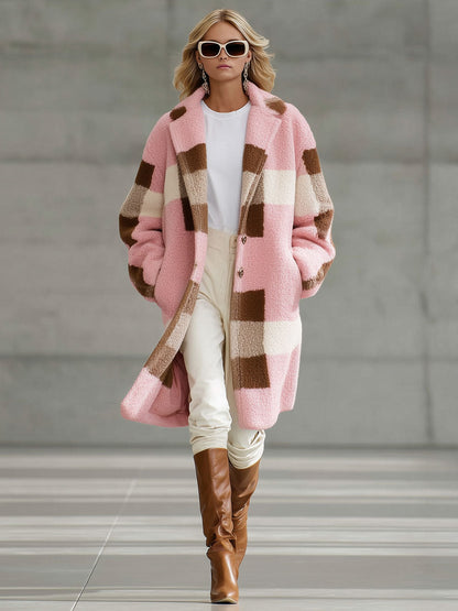Veste en Polaire Rétro à Motif Carreaux Rose et Marron - Coupe Ample